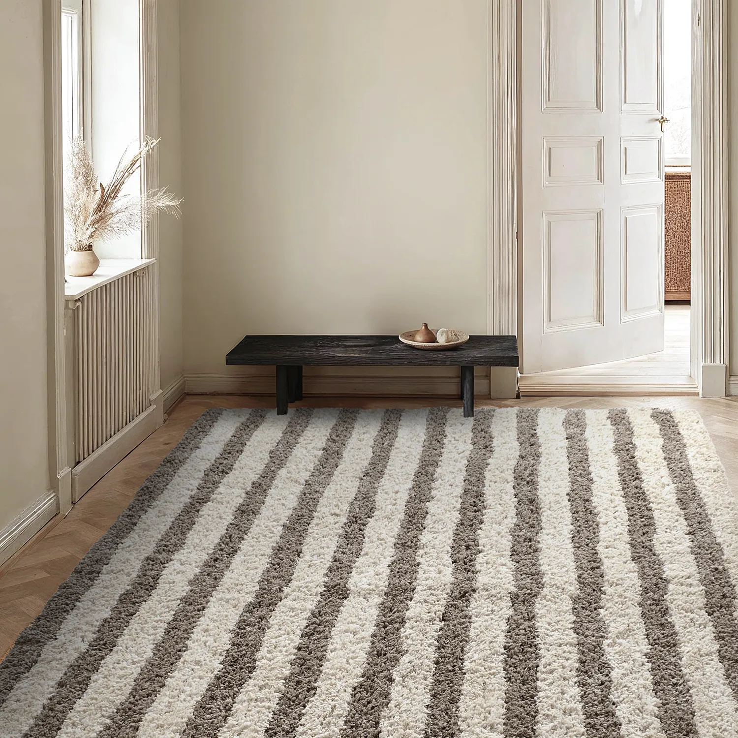 Tapis shaggy - Thira Stripe Cotton Shaggy (crème/taupe)