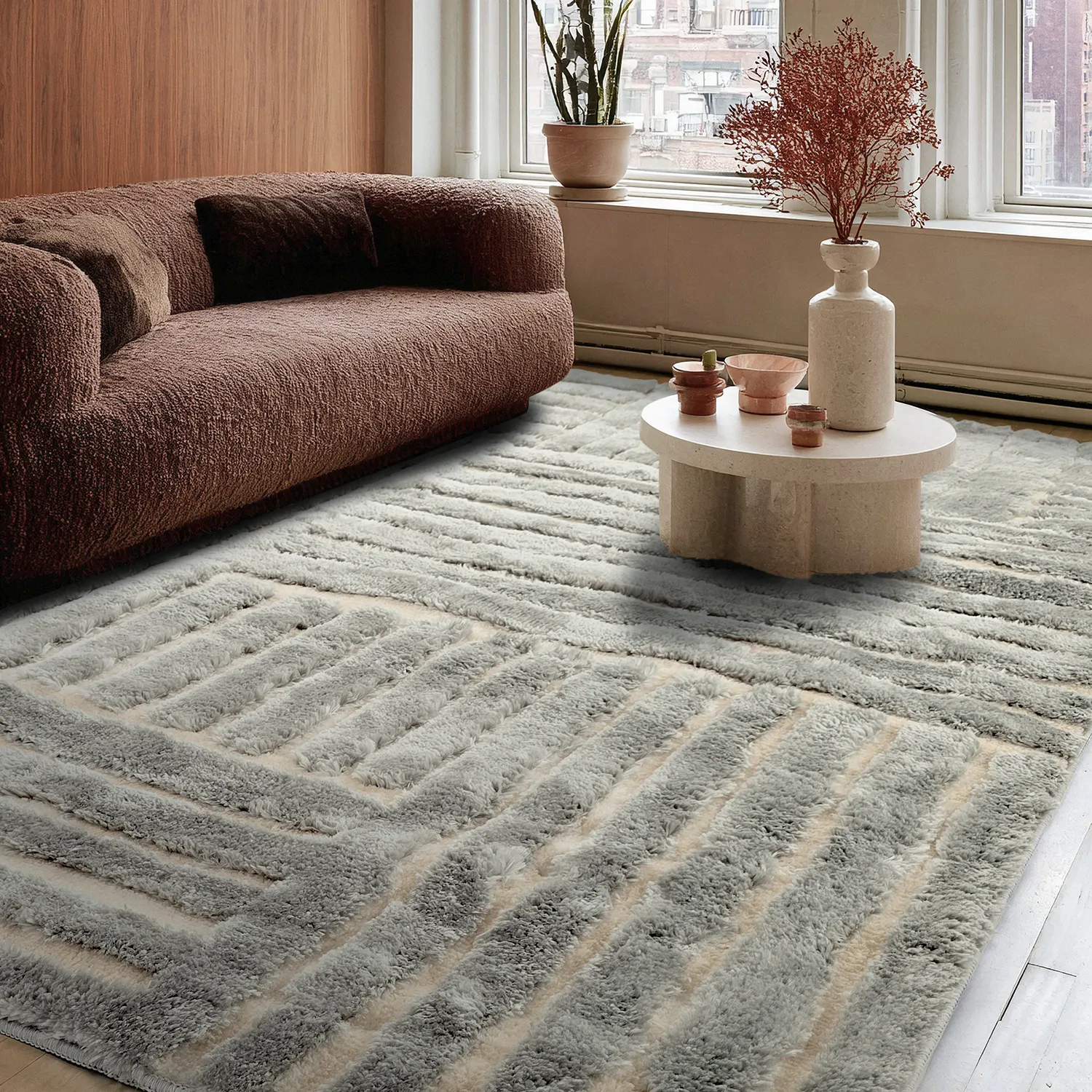 Tapis shaggy - Tyros (crème/gris)