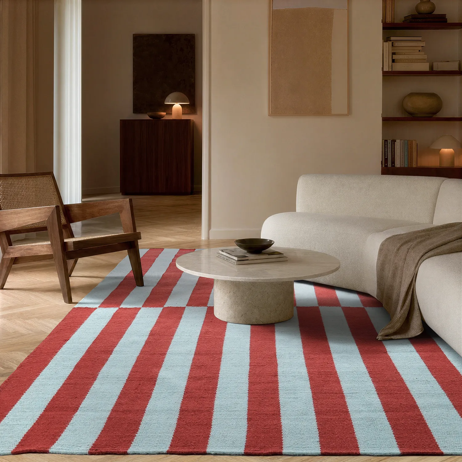 Tapis de laine - Peniche (bleu clair/rouge)